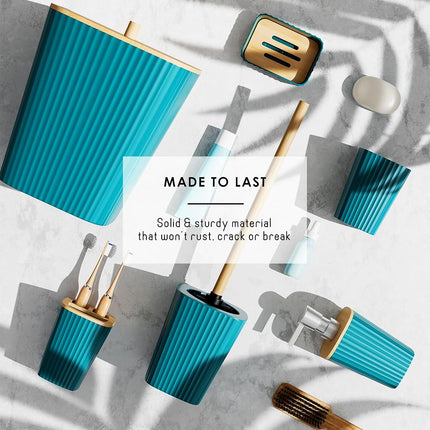 Clara Clark Bathroom Set - Teal Bathroom Accessories Set, 6PC Bathroom Accessory Set, Bathroom Sets with Toilet Brush, Trash Can & Soap Dispenser
