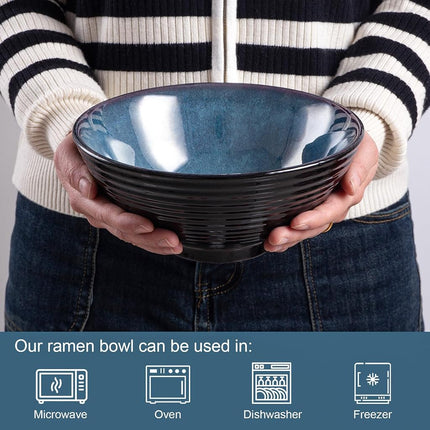 HOKELER Ceramic Japanese Ramen Bowl Set, 2 Sets Asian Pho Udon Soup Noodle Bowls with Spoons and Chopsticks (Starry Blue, 8 inches)
