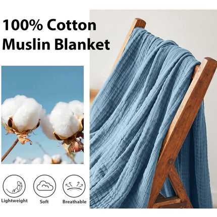 Simple&Opulence Cotton Muslin Throw Blanket for Bed, Couch, Knit Woven Gauze Blanket with Tassels, Soft Lightweight Cozy Pre-Washed Breathable Farmhouse Decoration for All-Season (Dusty Blue)