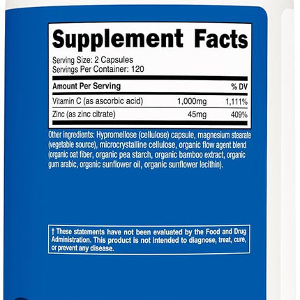 Nutricost Vitamin C with Zinc, 120 Capsules - 1000mg Vitamin C, 45mg Zinc, Non-GMO, Gluten Free Vitamin C Supplement