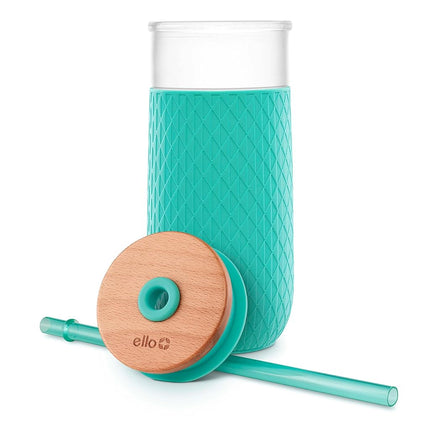 Ello Devon Glass Tumbler, Protective No Sweat Silicone Sleeve and Splash Proof Wooden Detail Lid with Straw, 18 oz