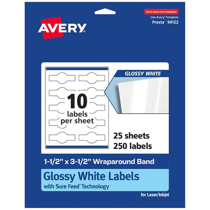 Avery Glossy White Cigar Labels with Sure Feed, 1.5" x 3.5", 250 Glossy White Labels, Print-to-The-Edge, Permanent Label Adhesive, Laser/Inkjet Printable Labels