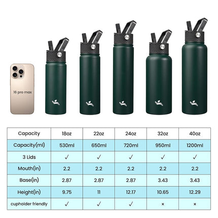 Konokyo Insulated Water Bottle with Straw,24oz 3 Lids Metal Bottles Stainless Steel Water Flask,Army Green