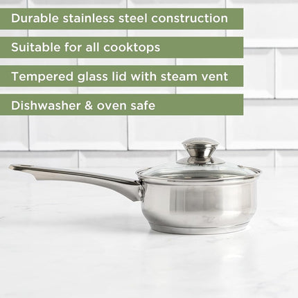 Ecolution Pure Intentions Saucepan – Features Tempered Glass Lid, Stay-Cool Knob and Handle, and Encapsulated Bottom – Oven Safe – Curbside Recyclable Stainless Steel – 1 Quart