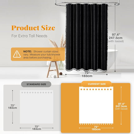 BTTN 72x96 Extra Long Boho Linen Heavy Duty Shower Curtain Set, Black White