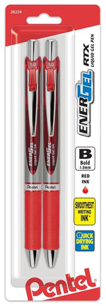 Lot de 2 stylos à bille gel rétractables Pentel EnerGel RTX, pointe métallique, trait épais, encre rouge (BL80BP2B)