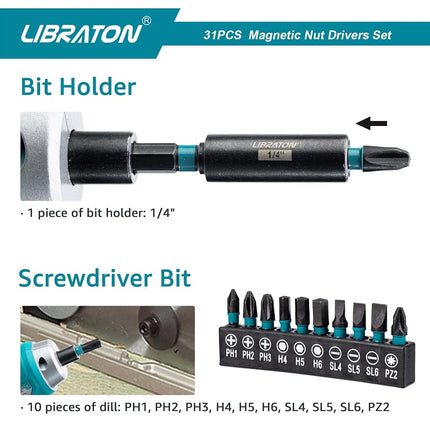 Libraton 31PCS Magnetic Nut Driver Set, Impact Drill Driver Bit Set 1/4", Metric and SAE Nut Driver, Screwdriver Bits, Impact Socket Adapters, Bit Holder, Quick-release Extensions with Storage Bag