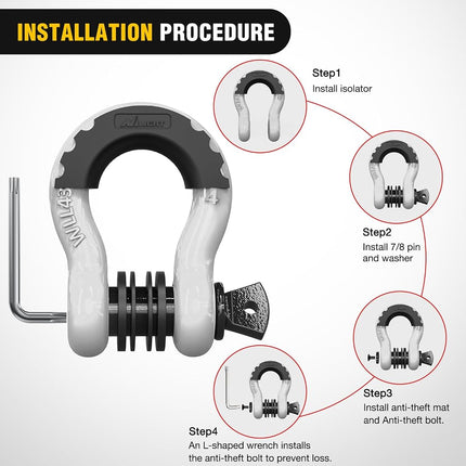 Nilight 3/4 inch D Ring Shackle 2 Pack 19T (41,887 lbs) Break Strength 4.75T WLL Heavy Duty Towing Hook with Anti-Theft System Anti-Rattle Isolators for Truck Jeep SUV ATV UTV Recovery White