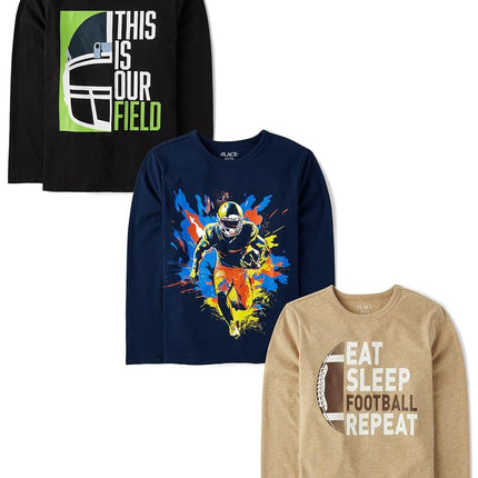 The Children's Place Boys' Sports Long Sleeve Graphic T-Shirts,multipacks, Eat Sleep Football Repeat 3-Pack, Small