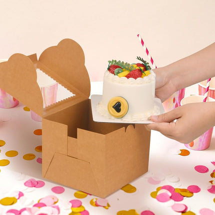 DOYIDE 20Pcs Mini Cake Boxes with Window, 6x6x5 Inches Brown Bakery Boxes, Small 4 Cupcake Boxes, Cake Packaging for Pastries, Cookies, Chocolates, Cupcakes, Birthday Party, Wedding