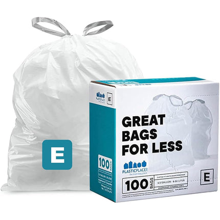 Plasticplace Custom Fit Trash Bags (x) Code E Compatible (100 Count) White Drawstring Garbage Liners 5.2 Gallon / 20 Liter 18.75" x 20"