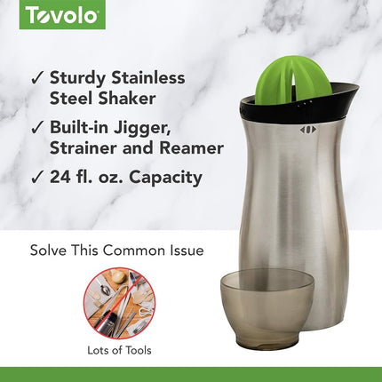 Tovolo Cocktail Shaker Stainless Steel (24 oz.) - Built-in Citrus Reamer, Strainer, & Jigger/Gadget for Bar Cart, Bartending, Home Bar, Mixology, Kitchen, & Gifting