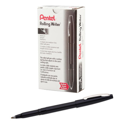 Bolígrafo Pentel Rolling Writer Stick, punta mediana, 0.40 mm, barril/tinta negra, 12 unidades (R100-A)