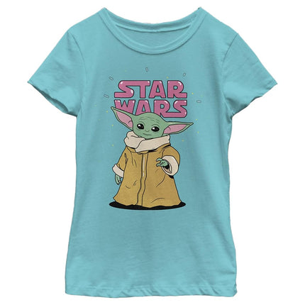 Camiseta sólida de cuello redondo para niña de Star Wars The Mandalorian The Child Stance Logo, azul Tahití, talla pequeña