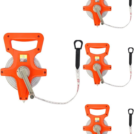 QWORK Open Reel Dual Sided Fiberglass Tape Measure, 4 Pack 1/2" x 100' Measures for Engineer, Orange