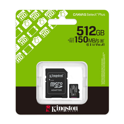Kingston Canvas Select Plus microSD Memory Card 512GB microSDXC Gen3 150MB/s A1 Card + Adapter - SDCS3/512GB