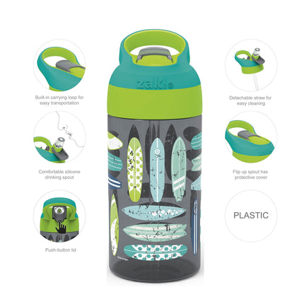 Zak Designs Botella de agua para niños de 473 ml con diseño de tablas de surf y palmeras de Riverside Beach Life, con pajita y asa de transporte integrada, de plástico duradero, diseño a prueba de fugas para viajes, 2 unidades (paquete de 1)