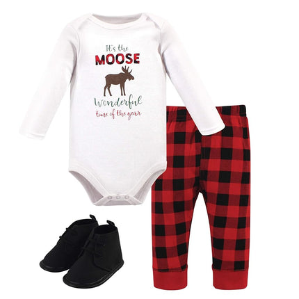 Hudson Baby Baby Cotton Bodysuit, Pant and Shoe Set, Moose Wonderful Time, 0-3 Months