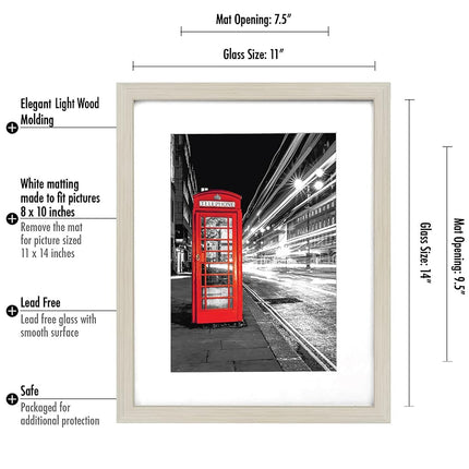 Americanflat 11x14 Light Wood Picture Frame - Displays 8x10 with Mat or 11x14 Without Mat - Engineered Wood with Shatter Resistant Glass - Horizontal and Vertical Formats for Wall