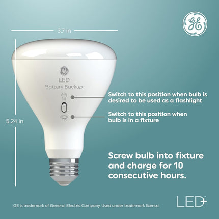 GE LED+ Battery Backup LED Light Bulbs, Emergency Light Bulb for Power Outages + Flashlight, BR30 Indoor Floodlights (3 Pack)