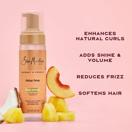 SheaMoisture Coconut & Hibiscus Frizz-Free Curl Mousse, Hydration, for Curly, Coily & Wavy Hair, with Certified Organic Shea Butter, 222ML