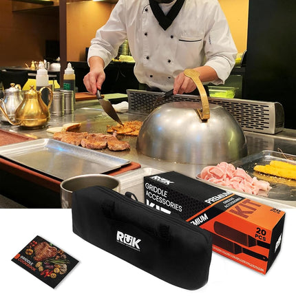 Blackstone Griddle Accessories Kit, RüK 20 PCS Flat Top Griddle Accessories Set with Anti-Scalding Long Handle Metal Spatula, Griddle Scraper, Cleaning Kit, e-Cookbook for Blackstone and Camp Chef