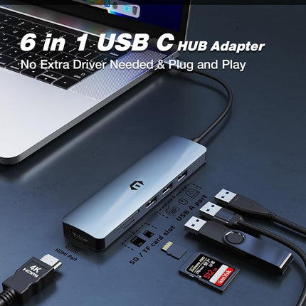 oditton 6 in 1 USB C HUB, USB C Adapter, USB 3.0, 4K HDMI, Dual USB 2.0 Ports, SD/TF Card Reader, Docking Station Compatible with Mac Pro/Air and More