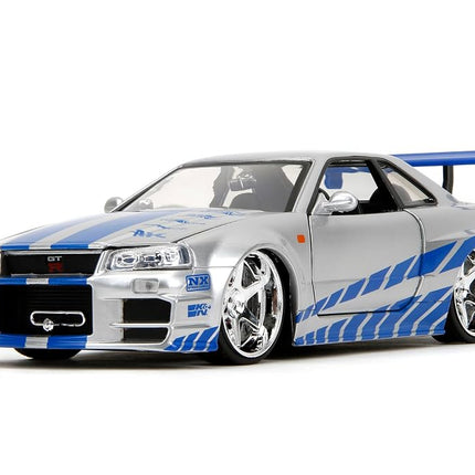 Jada Toys Fast & Furious Brian’s 2002 Nissan Skyline R34 Die-cast Car, 1:24 Scale, Silver & Blue,19808
