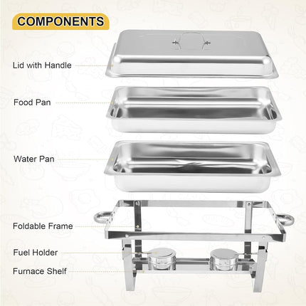 Ensemble de 2 plats de service avec réchaud, 8 litres, en acier inoxydable, avec couvercle, cadre pliant, plats rectangulaires pour fêtes, mariages, événements traiteur, argent