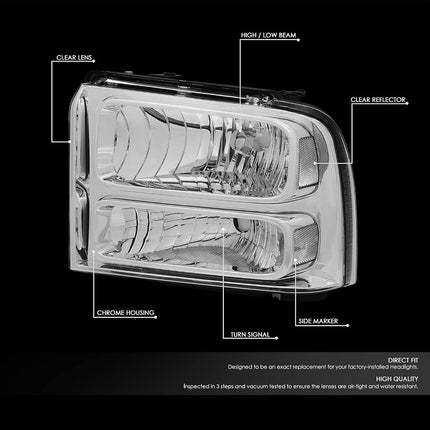 DNA MOTORING Headlamps Headlight Assembly Compatible With 05-07 Ford F250-350 F450 F550SD, Chrome/Clear, HL-OH-FSD05-CH-CL1