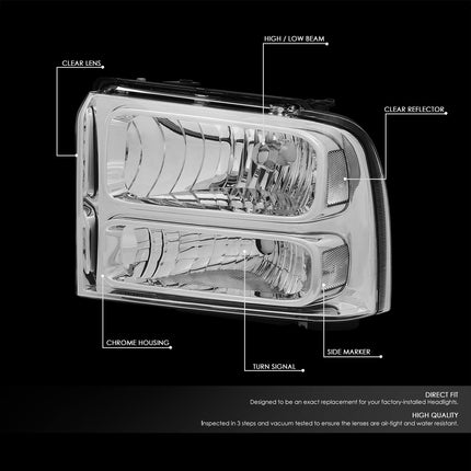 DNA MOTORING Faros delanteros Conjunto de faros compatible con Ford F250-350 F450 F550SD 05-07, cromo/transparente, HL-OH-FSD05-CH-CL1