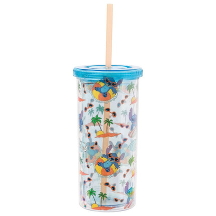 Silver Buffalo Disney Lilo and Stitch Beach Island Stitch in Floatie Swim Ring Plastic Glitter Cold Cup with Lid and Straw, 20 Ounces