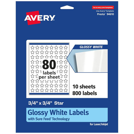 Avery Glossy White Star Labels with Sure Feed, 3/4" x 3/4", 800 Glossy White Labels, Print-to-The-Edge, Permanent Label Adhesive, Laser/Inkjet Printable Labels