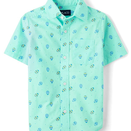 The Children's Place Boys' Short Sleeve Poplin Button Down Shirt, Easter Egg Mint, X-Small