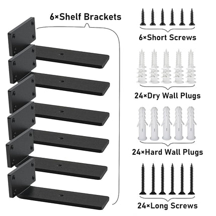 Floating Shelf Brackets Heavy Duty - 1/5 Inch Thick Industrial Black Metal L Brackets, Premium Solid Steel Shelf Supports for Shelves - 6 Inch Heavy Floating Shelves Hardware (6Pcs)