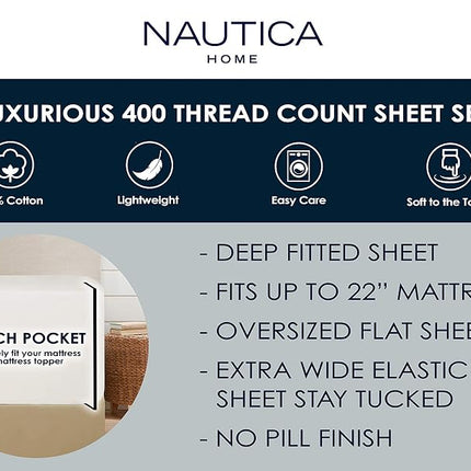 Nautica - Queen Sheets, Cotton Sateen Bedding, 400 Thread Count, Silky Smooth & Wrinkle Resistant (Regatta White, Queen)