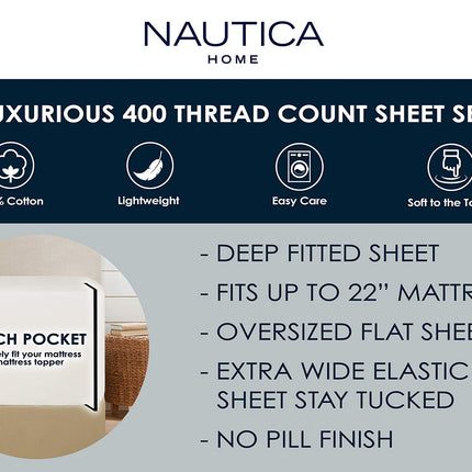 Nautica - Queen Sheets, Cotton Sateen Bedding, 400 Thread Count, Silky Smooth & Wrinkle Resistant (Regatta White, Queen)