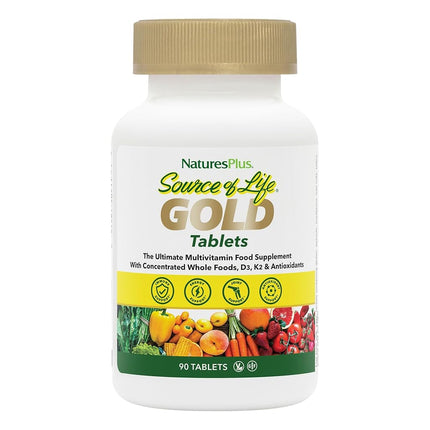 NaturesPlus Source of Life Gold Tablets - Plant Based Multivitamin and Mineral Supplement with Superfoods - Vegetarian, Gluten Free - 90 Tablets