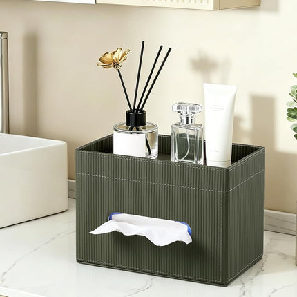 Cretkhp Rectangular Tissue Box Cover with Storage Tray, PU Leather Tissue Box Holder for Bathroom Vanity Countertop Night Stands Bedroom Office Desk, Stylish Tissue Holder Decorative Organizer (Green)