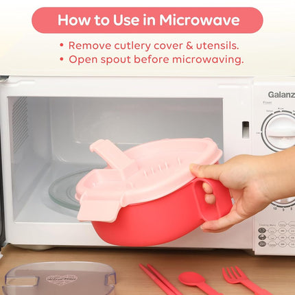 AI Love Peace Microwave Ramen Bowl with lid and Utensils (Bright Pink)