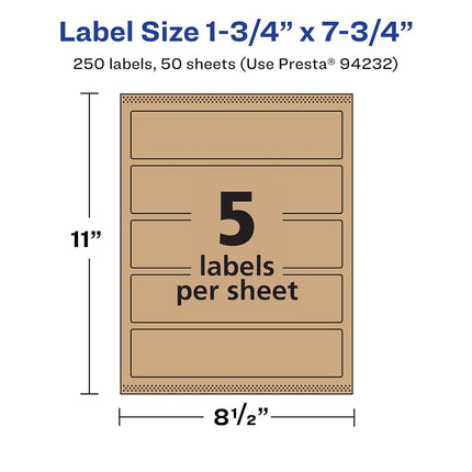Avery Kraft Brown Rectangle Labels with Sure Feed, 1.75" x 7.75", 250 Kraft Brown Labels, Print-to-The-Edge, Laser/Inkjet Printable Labels