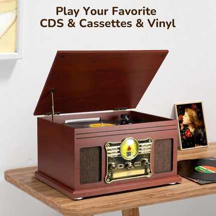 FEKTIK 10 in 1 Bluetooth Record Player, 3-Speed Turntable for Vinyl with Speakers, LP to MP3 Converter, CD, Cassette Player, FM Radio, Wireless Streaming | Mahogany