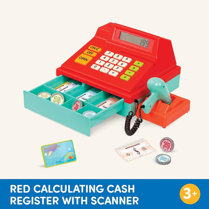 Battat Toy Cash Register with Scanner, 49 Pieces, Red Calculator, Playset