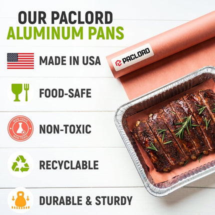 Paclord Aluminum Foil Pans - Half-Size 9" x 13", Pack of 50 - USA-Made Disposable Aluminum Trays for Steam Table & Chafing Racks - Great for Baking, Catering, BBQ, Parties, Food Delivery