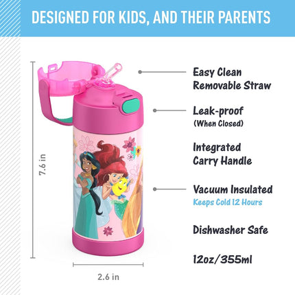 THERMOS FUNTAINER 12 Ounce Stainless Steel Vacuum Insulated Kids Straw Bottle, Princess