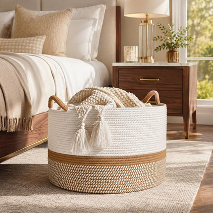 KAKAMAY Large Blanket Basket (20"x13"),Woven Baskets for storage Baby Laundry Hamper, Cotton Rope Blanket Basket for Living Room, Laundry, Nursery, Pillows, Baby Toy chest (White/Brown)