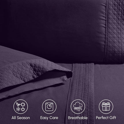 Elegant Comfort Luxurious 4-Piece Quilted Bed Sheet Set - Gift Box - 1500 Thread Count Egyptian Quality Softness - Wrinkle Resistant - All Around Elastic Fitted Sheet, Deep Pocket, King, Purple
