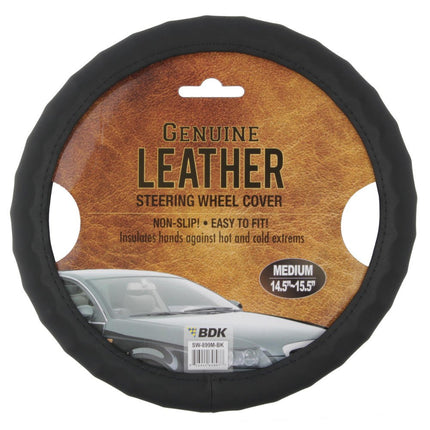 BDK Genuine Leather Steering Wheel Cover-Black, 100-Percent Odorless, Small (13.5 to 14.5-Inch)