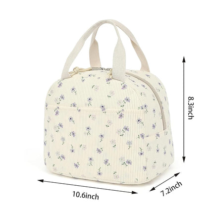 Corduroy Lunch Box for Women Girls, Cooler Lunch Bags Reusable Insulated Lunchbox for Picnic School Work Travel (Flowers Purple)
