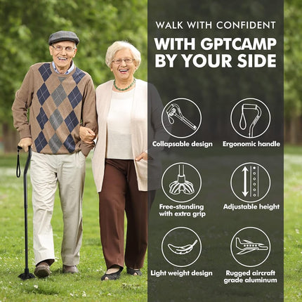 GPTCAMP Walking Cane Quad Base Self Standing 300lbs for Seniors